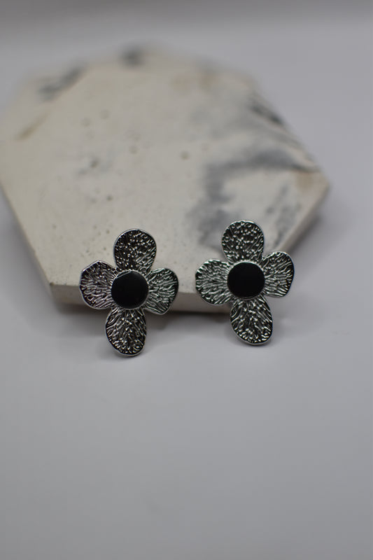 Silver Black Daisy Earrings