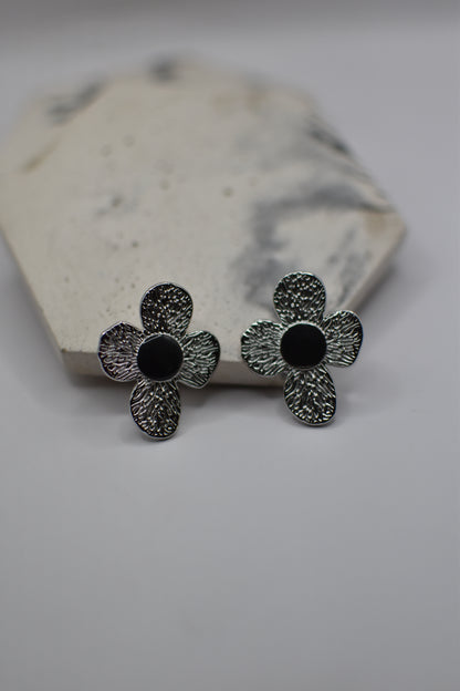 Silver Black Daisy Earrings