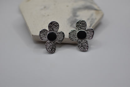 Silver Black Daisy Earrings